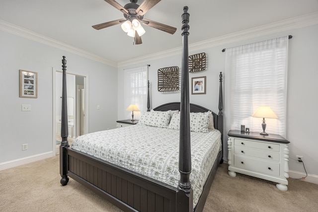 bedroom with light carpet, crown molding, and ceiling fan