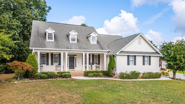 cape cod-style house featuring covered porch and a front yard