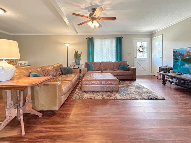 living room featuring ceiling fan, ornamental molding, and wood finished floors