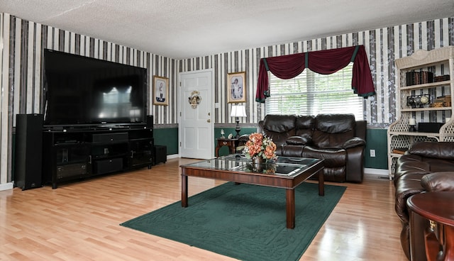 living room featuring a textured ceiling and hardwood / wood-style floors