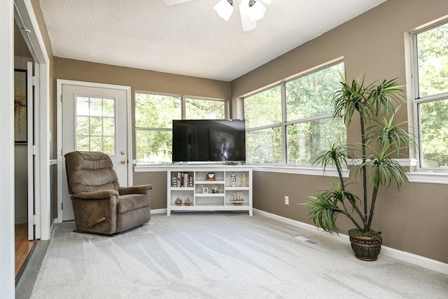 living area featuring a wealth of natural light and carpet flooring