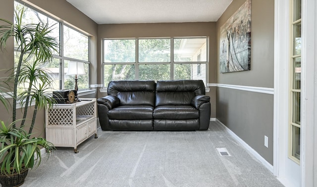 interior space with a textured ceiling and light carpet