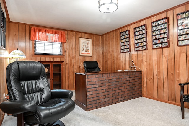 interior space featuring ornamental molding, carpet floors, and wood walls