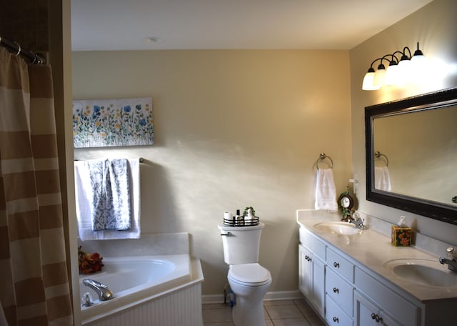 full bathroom with shower with separate bathtub, tile patterned flooring, vanity, and toilet