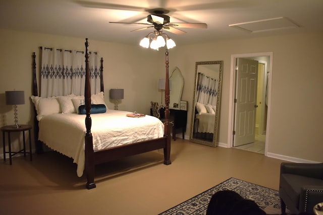 bedroom featuring ensuite bath and ceiling fan