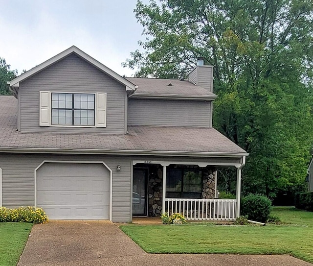 view of front of home with a porch, a garage, and a front yard