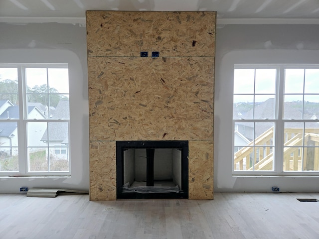 interior details with hardwood / wood-style floors and a fireplace