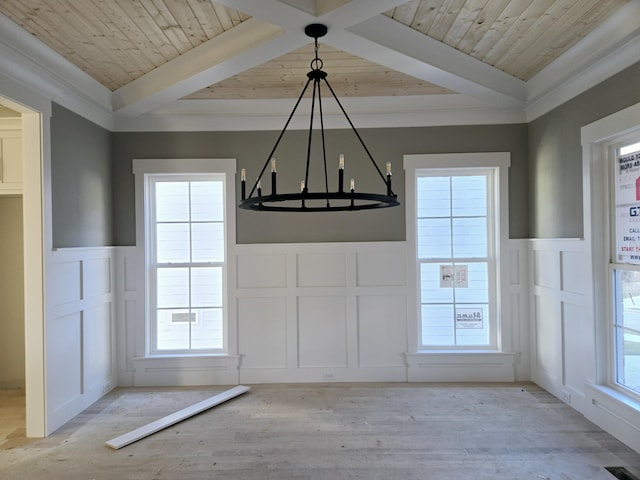 unfurnished dining area featuring a chandelier, wood ceiling, ornamental molding, and beam ceiling