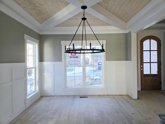 unfurnished dining area with wood ceiling, a wealth of natural light, and beamed ceiling