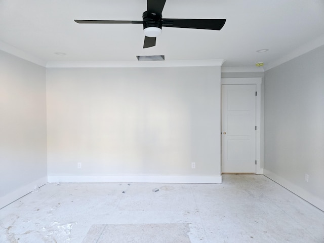 empty room with ornamental molding and ceiling fan