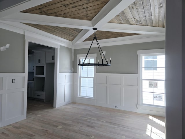 unfurnished dining area featuring coffered ceiling, hardwood / wood-style floors, and wood ceiling