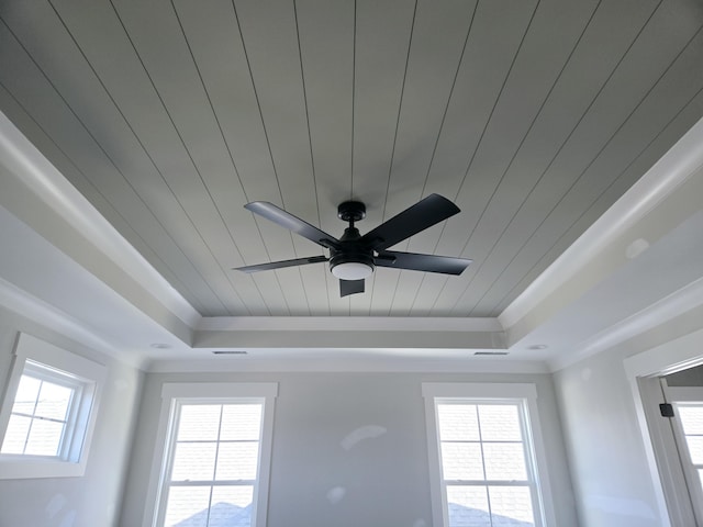 details with a tray ceiling, ornamental molding, and ceiling fan