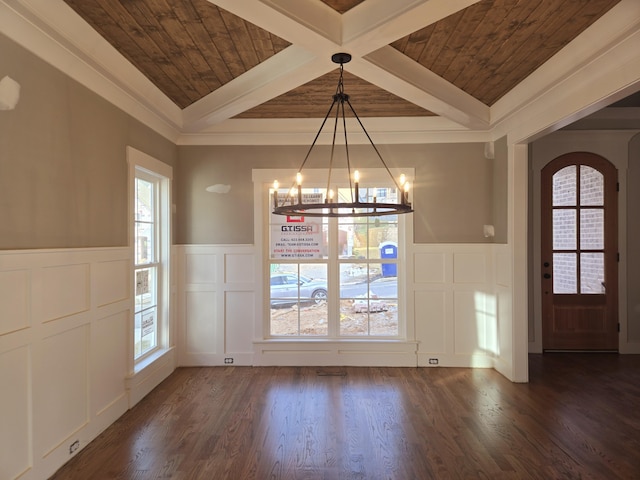 unfurnished dining area with an inviting chandelier, wooden ceiling, and a healthy amount of sunlight