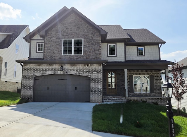 9885 Trestle Cir Unit 47, Ooltewah, TN 37363 - craftsman-style house featuring a porch, brick siding, driveway, a garage, and roof with shingles