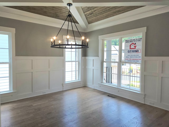 9885 Trestle Cir Unit 47, Ooltewah, TN 37363 - unfurnished dining area featuring a decorative wall, a chandelier, a wainscoted wall, wood finished floors, and wooden ceiling