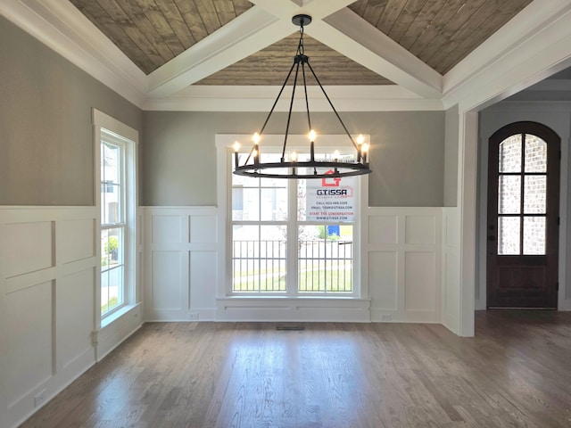9885 Trestle Cir Unit 47, Ooltewah, TN 37363 - foyer with a decorative wall, a wooden ceiling with exposed beams, a chandelier, a wainscoted wall, and wood finished floors