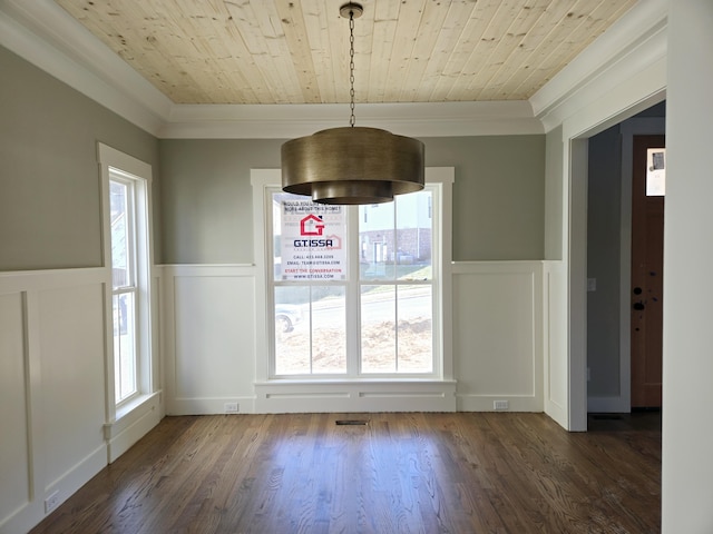 unfurnished dining area featuring crown molding, wooden ceiling, and dark hardwood / wood-style floors