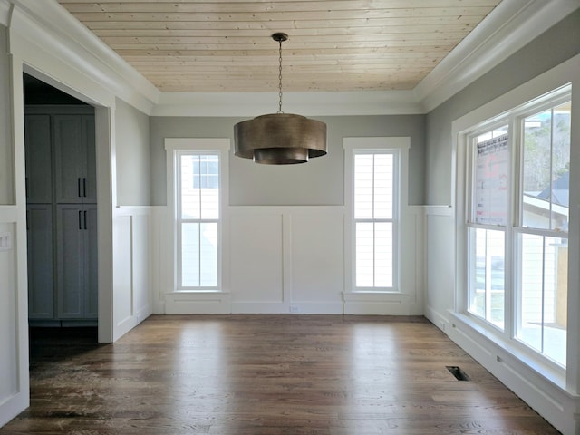 unfurnished dining area with a healthy amount of sunlight, dark hardwood / wood-style floors, crown molding, and wood ceiling