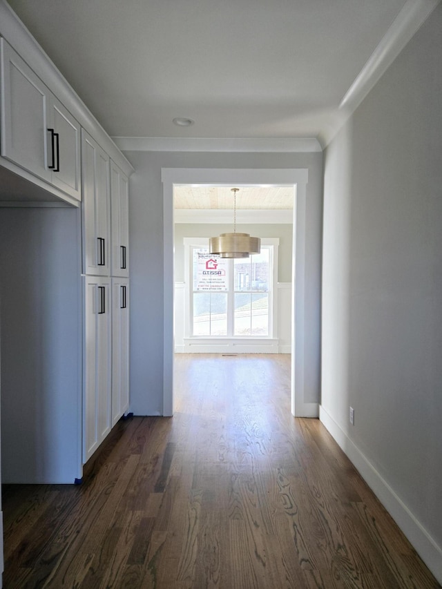 corridor featuring ornamental molding and dark hardwood / wood-style floors