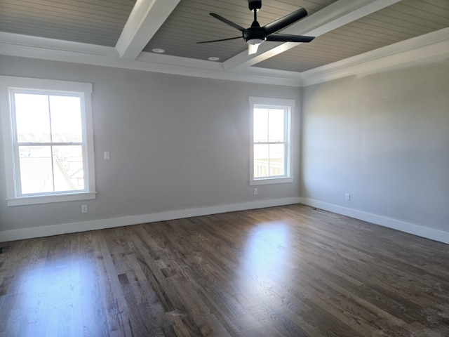 empty room with beamed ceiling, ceiling fan, dark wood-type flooring, and wooden ceiling