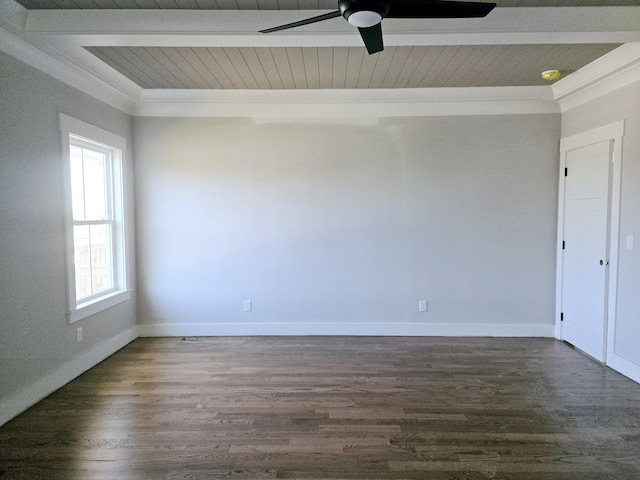 spare room featuring wood ceiling, dark hardwood / wood-style floors, and beamed ceiling