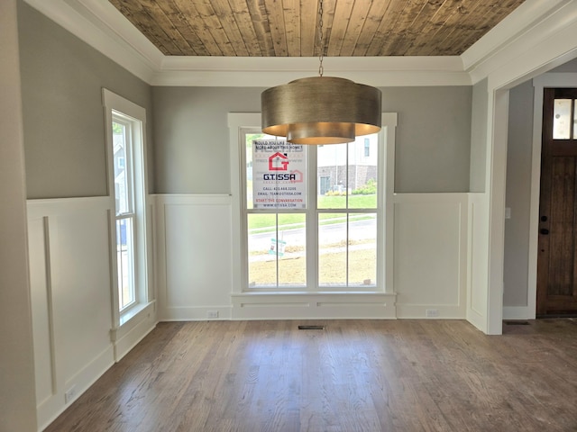 9877 Trestle Cir Unit 46, Ooltewah, TN 37363 - unfurnished dining area with a decorative wall, ornamental molding, wooden ceiling, wood finished floors, and plenty of natural light