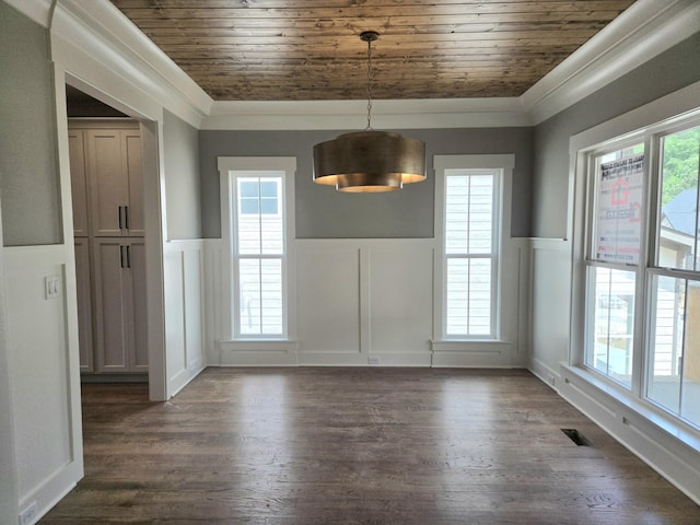 9877 Trestle Cir Unit 46, Ooltewah, TN 37363 - unfurnished dining area featuring a decorative wall, wooden ceiling, wainscoting, and dark wood-style flooring