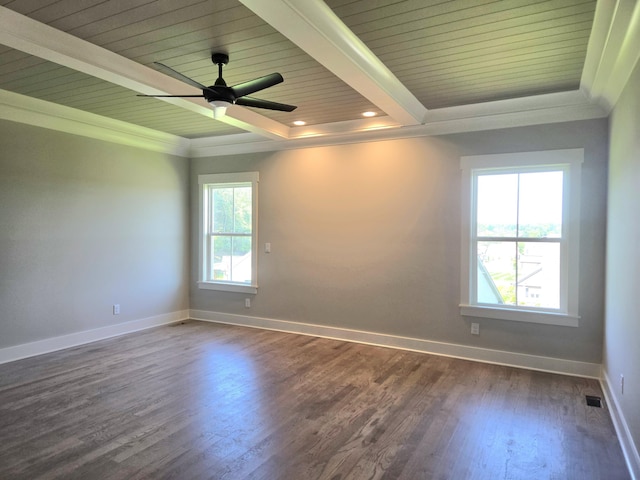 9877 Trestle Cir Unit 46, Ooltewah, TN 37363 - empty room with wood ceiling with exposed beams, dark wood-style floors, baseboards, ornamental molding, and ceiling fan