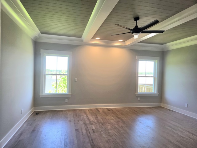 9877 Trestle Cir Unit 46, Ooltewah, TN 37363 - unfurnished room with wooden ceiling with exposed beams, wood finished floors, ceiling fan, baseboards, and crown molding