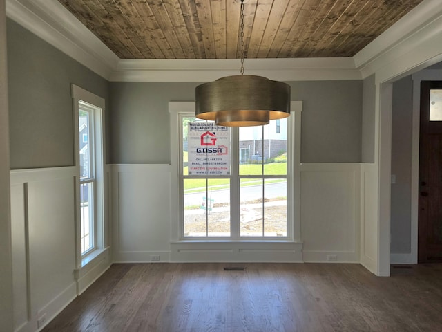 9877 Trestle Cir Unit 46, Ooltewah, TN 37363 - unfurnished dining area featuring crown molding, a wainscoted wall, wood finished floors, wooden ceiling, and a decorative wall