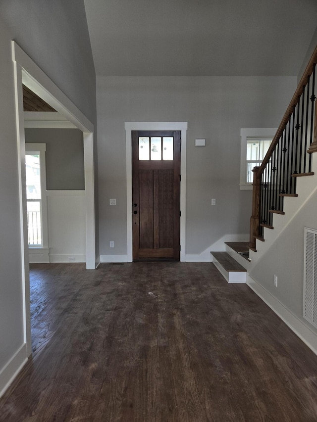 9877 Trestle Cir Unit 46, Ooltewah, TN 37363 - entrance foyer with dark wood-style floors, stairway, and healthy amount of natural light