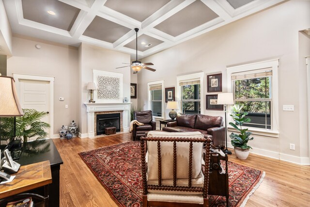 living room featuring ceiling fan, coffered ceiling, beamed ceiling, and light wood-type flooring