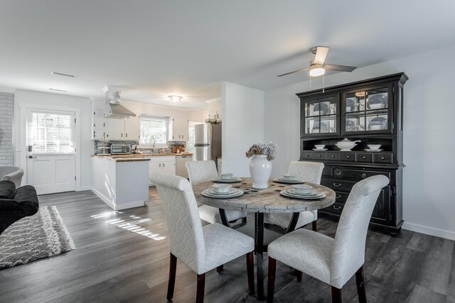 dining room with a wealth of natural light, ceiling fan, dark hardwood / wood-style floors, and sink