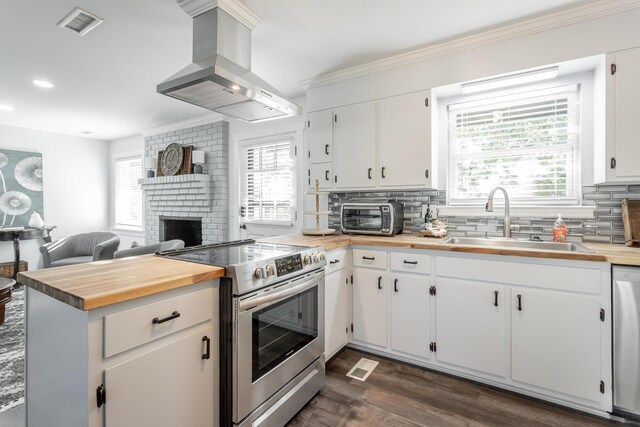 kitchen featuring white cabinetry, dark hardwood / wood-style flooring, stainless steel appliances, ventilation hood, and sink