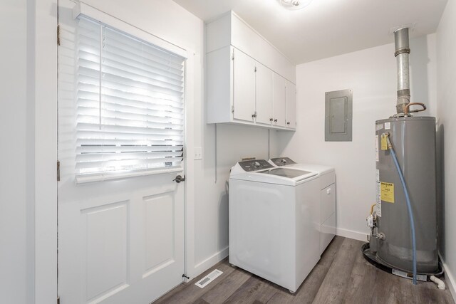 washroom with cabinets, dark hardwood / wood-style floors, electric panel, independent washer and dryer, and water heater