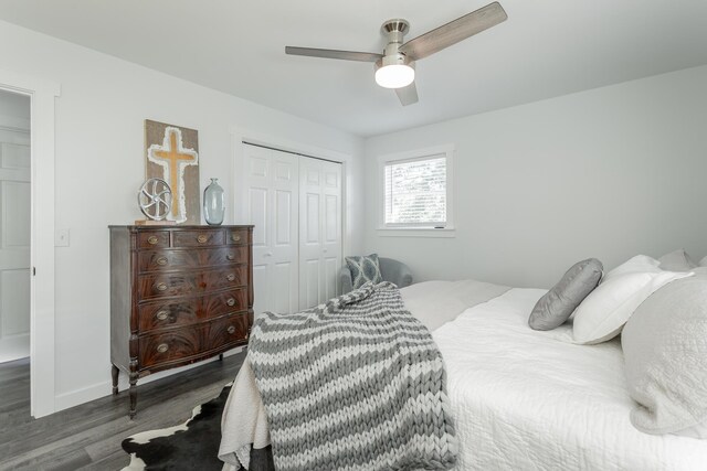 bedroom featuring a closet, ceiling fan, and dark hardwood / wood-style flooring