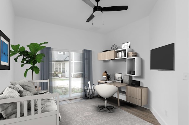 bedroom with ceiling fan and dark wood-type flooring