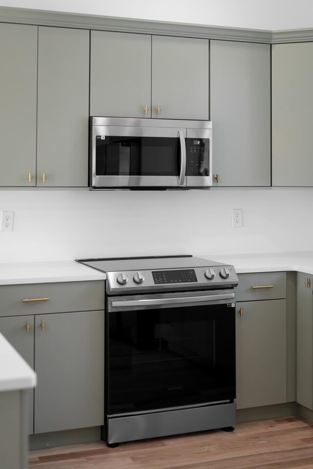 kitchen with gray cabinets, stainless steel appliances, and light hardwood / wood-style flooring