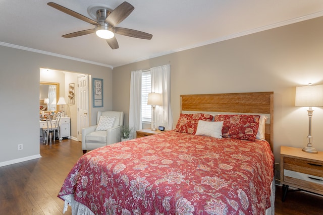 bedroom featuring ceiling fan, dark hardwood / wood-style floors, and ornamental molding