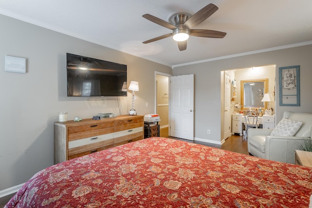 bedroom featuring crown molding, dark hardwood / wood-style flooring, and ceiling fan