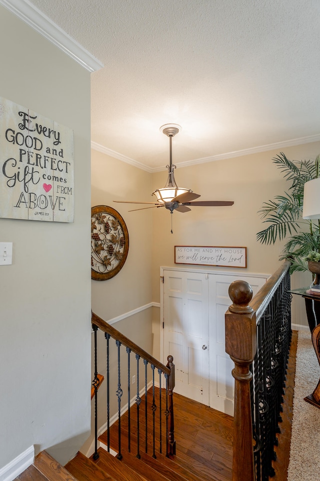 stairs featuring ornamental molding and hardwood / wood-style floors