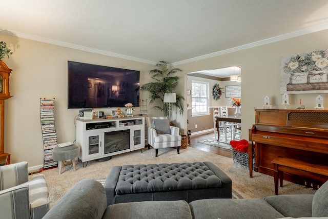 living room with light hardwood / wood-style flooring and ornamental molding