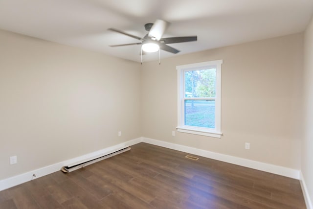 unfurnished room featuring ceiling fan, dark hardwood / wood-style floors, and a baseboard radiator