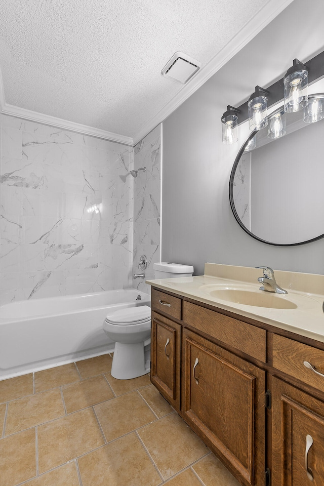 full bathroom with vanity, a textured ceiling, tiled shower / bath combo, crown molding, and toilet