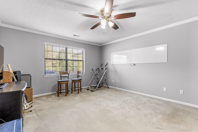 misc room with light carpet, a textured ceiling, ornamental molding, and ceiling fan