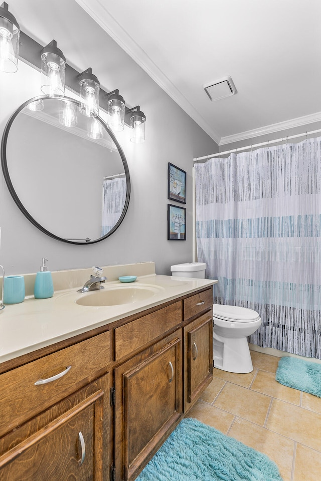 bathroom with ornamental molding, tile patterned floors, vanity, and toilet