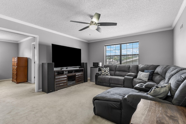 living room with a textured ceiling, ceiling fan, and light colored carpet