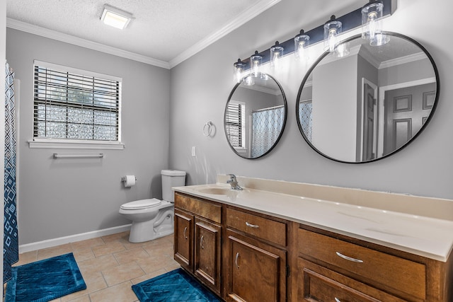 bathroom with vanity, a textured ceiling, crown molding, tile patterned flooring, and toilet