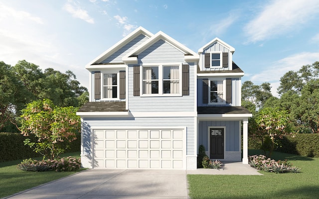 view of front of home featuring a front yard and a garage