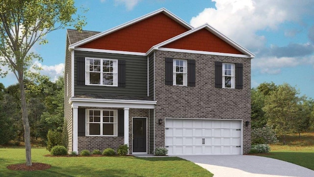 view of front facade with brick siding, a garage, concrete driveway, and a front lawn